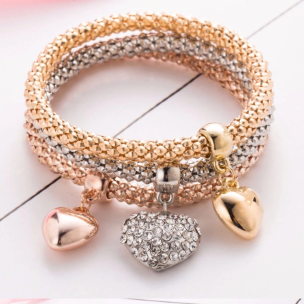 Bracelet set of 3, heart pendant